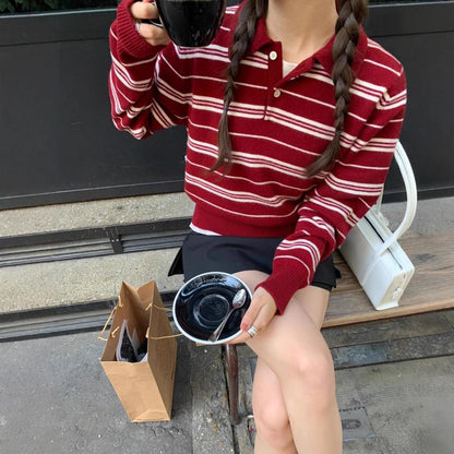 Striped Loose-Fit Polo Sweater with V-Neck