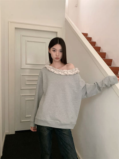 Asymmetric Ruffle Sweatshirt with One Shoulder