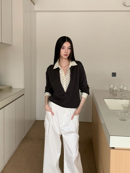 Dotted Collar Long-Sleeve Two-Piece Tee