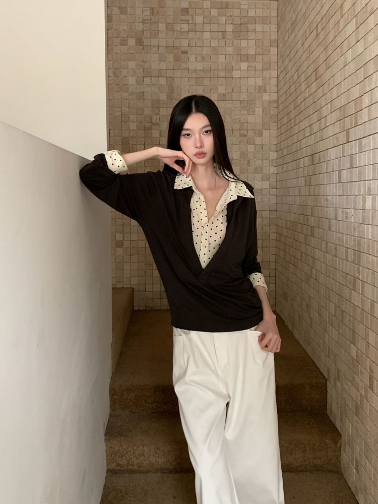 Dotted Collar Long-Sleeve Two-Piece Tee