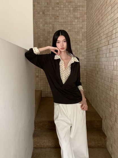 Dotted Collar Long-Sleeve Two-Piece Tee