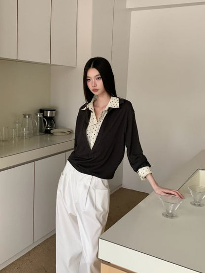 Dotted Collar Long-Sleeve Two-Piece Tee