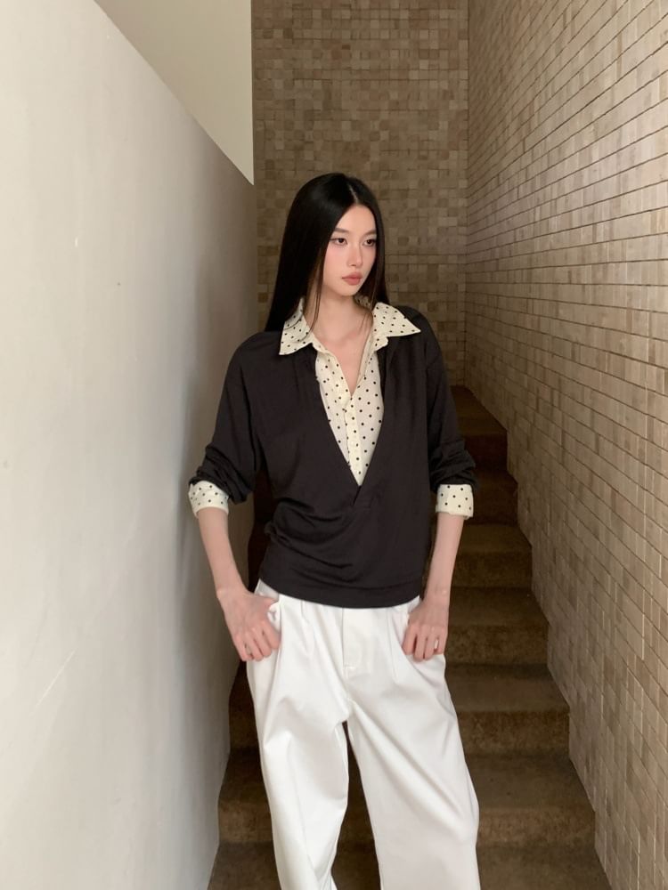 Dotted Collar Long-Sleeve Two-Piece Tee