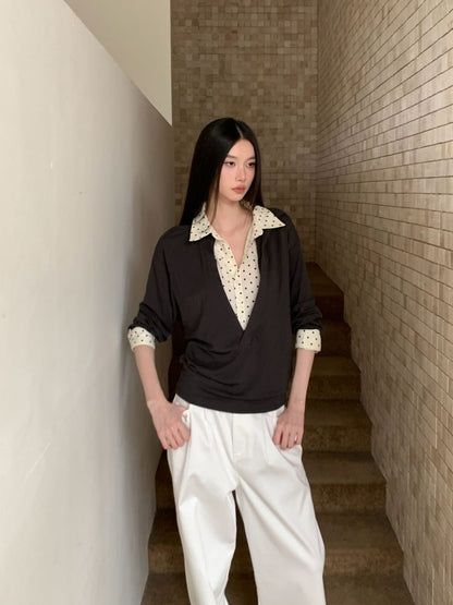 Dotted Collar Long-Sleeve Two-Piece Tee