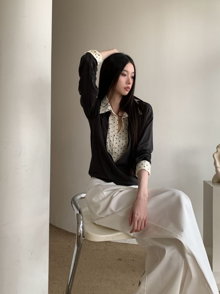 Dotted Collar Long-Sleeve Two-Piece Tee