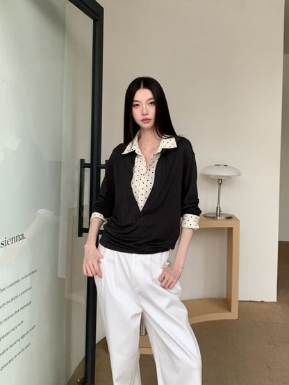 Dotted Collar Long-Sleeve Two-Piece Tee
