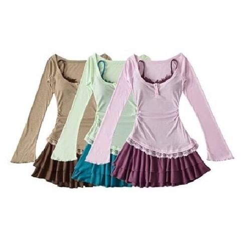 Set: Spaghetti Strap V-Neck Lace Trim Layered Mini A-Line Dress + Long-Sleeve Scoop Neck Asymmetrical T-Shirt