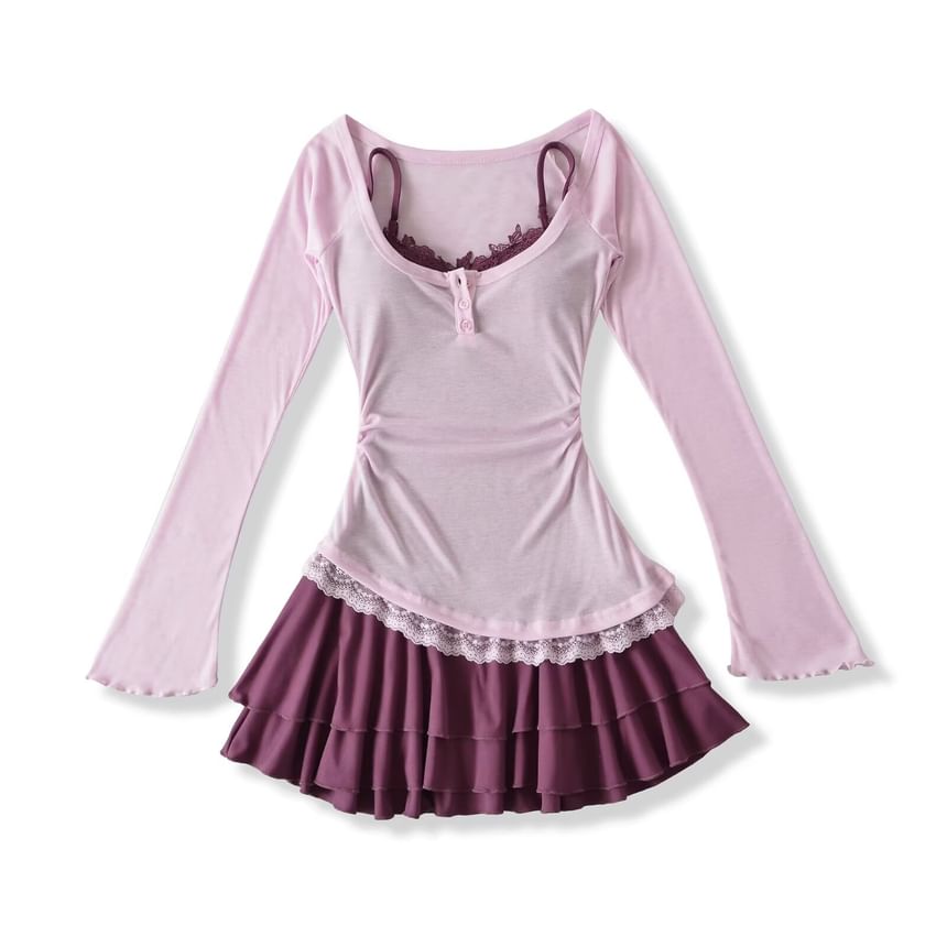 Set: Spaghetti Strap V-Neck Lace Trim Layered Mini A-Line Dress + Long-Sleeve Scoop Neck Asymmetrical T-Shirt