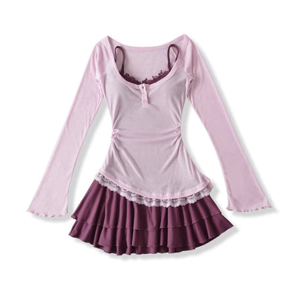 Set: Spaghetti Strap V-Neck Lace Trim Layered Mini A-Line Dress + Long-Sleeve Scoop Neck Asymmetrical T-Shirt