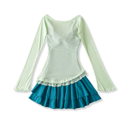 Set: Spaghetti Strap V-Neck Lace Trim Layered Mini A-Line Dress + Long-Sleeve Scoop Neck Asymmetrical T-Shirt