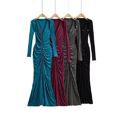 Set: Spaghetti Strap V-Neck Plain Ruched Racerback Maxi Mermaid Dress + Shrug