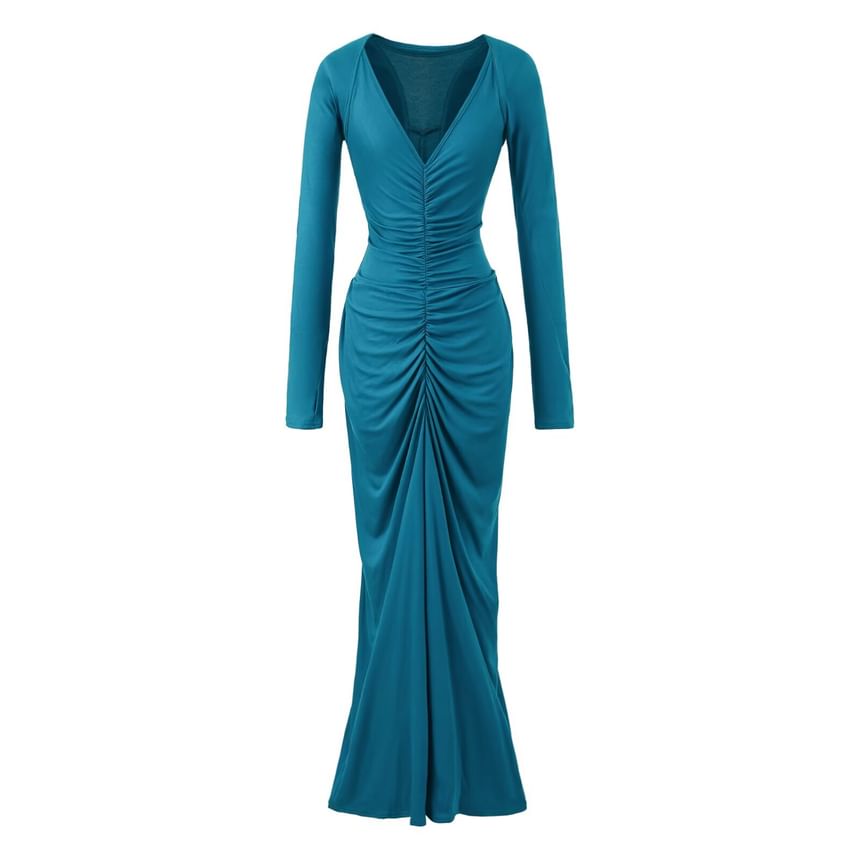 Set: Spaghetti Strap V-Neck Plain Ruched Racerback Maxi Mermaid Dress + Shrug