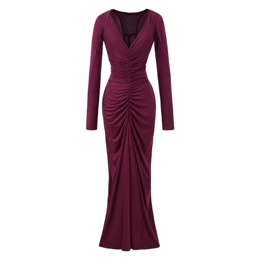 Set: Spaghetti Strap V-Neck Plain Ruched Racerback Maxi Mermaid Dress + Shrug