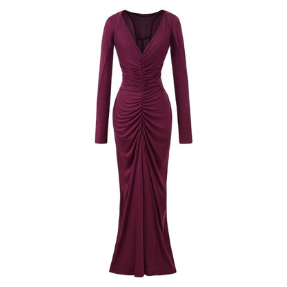 Set: Spaghetti Strap V-Neck Plain Ruched Racerback Maxi Mermaid Dress + Shrug