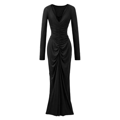 Set: Spaghetti Strap V-Neck Plain Ruched Racerback Maxi Mermaid Dress + Shrug