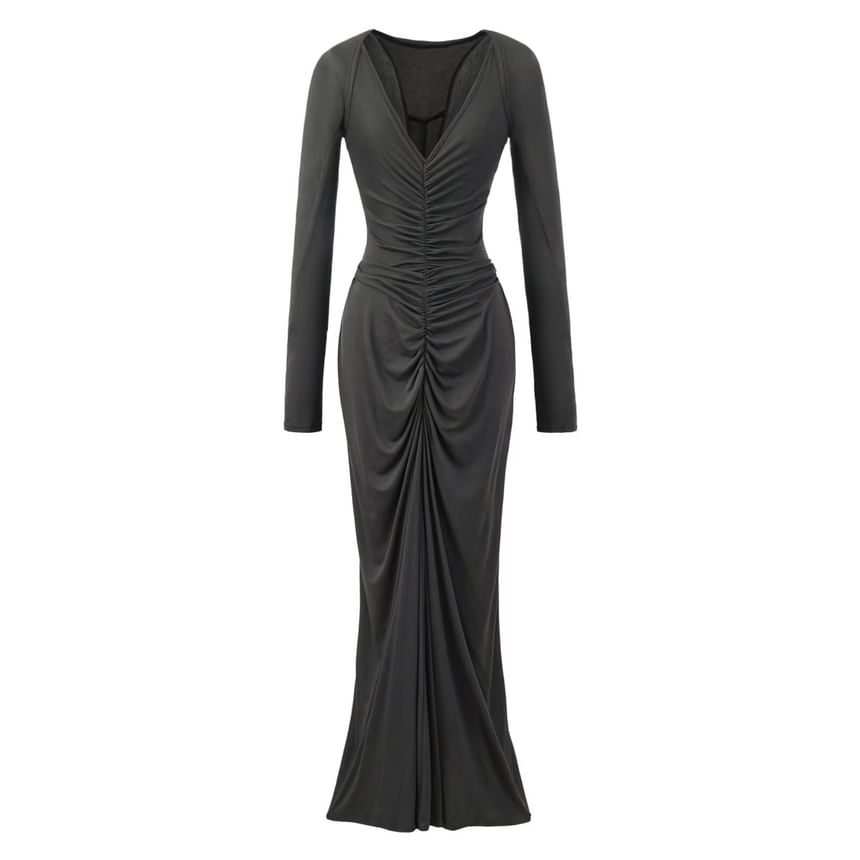 Set: Spaghetti Strap V-Neck Plain Ruched Racerback Maxi Mermaid Dress + Shrug