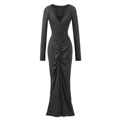 Set: Spaghetti Strap V-Neck Plain Ruched Racerback Maxi Mermaid Dress + Shrug