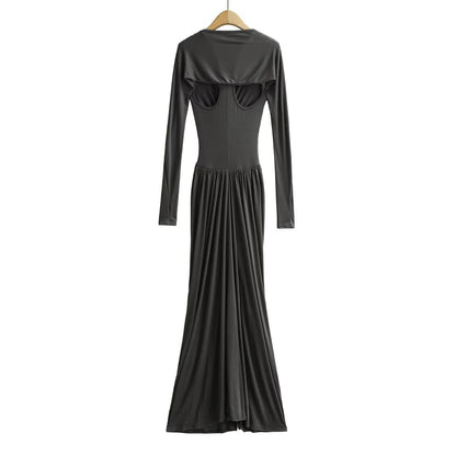 Set: Spaghetti Strap V-Neck Plain Ruched Racerback Maxi Mermaid Dress + Shrug