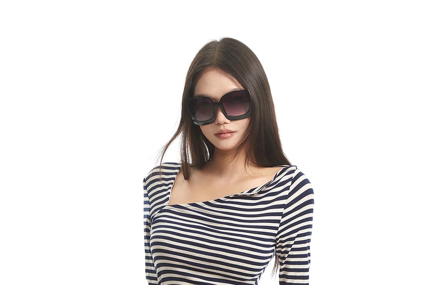 Asymmetric Neck Striped Tee with Long Sleeves