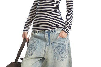 Asymmetric Neck Striped Tee with Long Sleeves