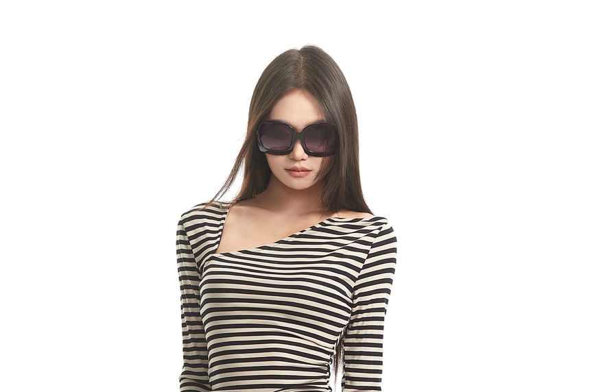 Asymmetric Neck Striped Tee with Long Sleeves