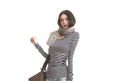 Asymmetric Neck Striped Tee with Long Sleeves