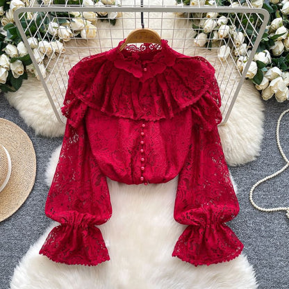Pearl-Button Lace Blouse with Faux Details