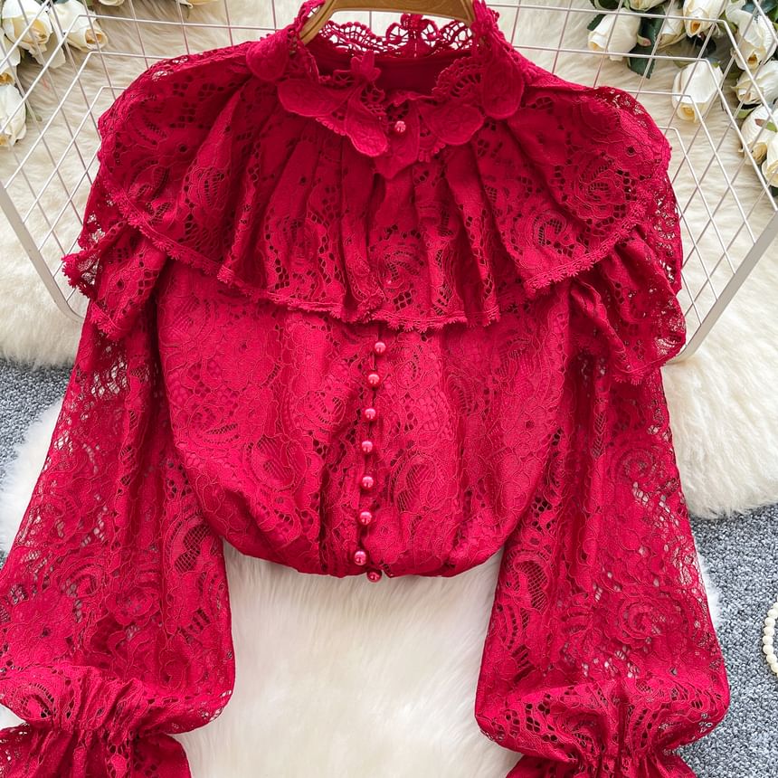 Pearl-Button Lace Blouse with Faux Details
