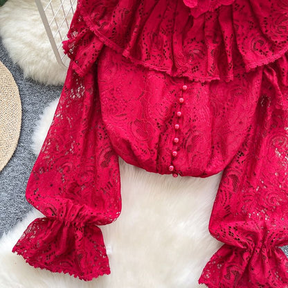 Pearl-Button Lace Blouse with Faux Details