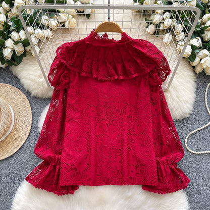 Pearl-Button Lace Blouse with Faux Details