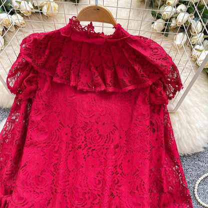 Pearl-Button Lace Blouse with Faux Details