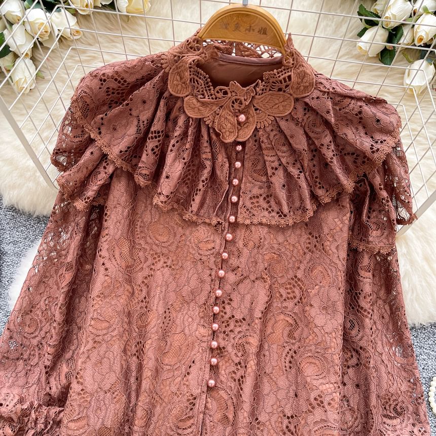 Pearl-Button Lace Blouse with Faux Details