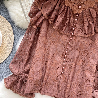 Pearl-Button Lace Blouse with Faux Details