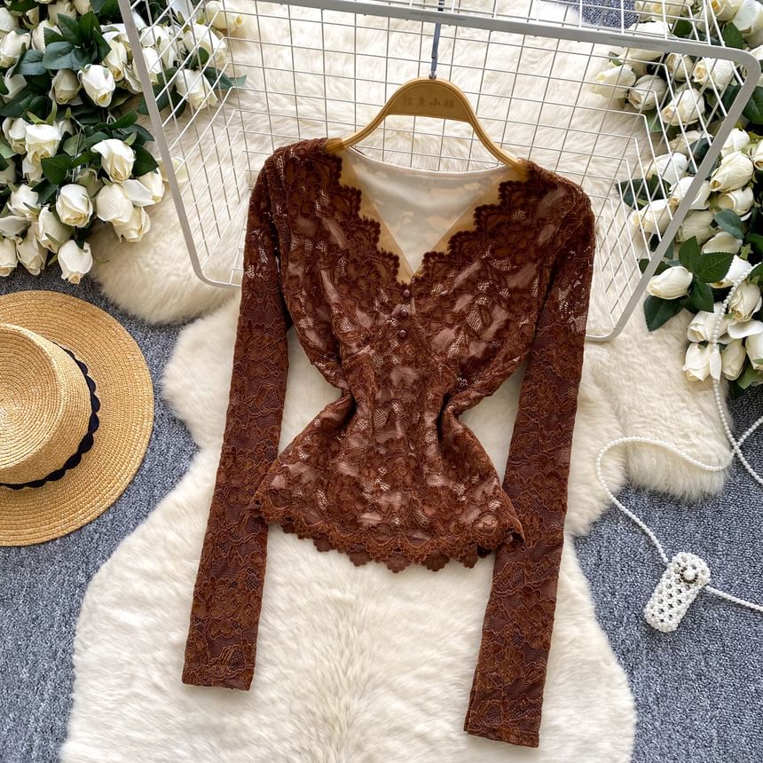 Lace-Trimmed V-Neck Slim Top