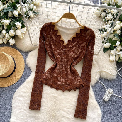 Lace-Trimmed V-Neck Slim Top