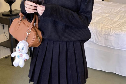 Knitted High-Waist Pleated A-Line Mini Skirt