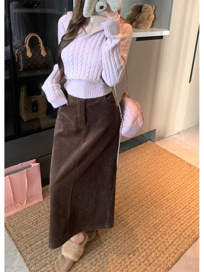 Cable Knit V-Neck Sweater with Corduroy Maxi Skirt