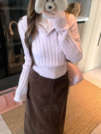 Cable Knit V-Neck Sweater with Corduroy Maxi Skirt