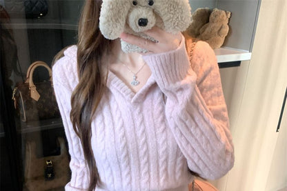 Cable Knit V-Neck Sweater with Corduroy Maxi Skirt