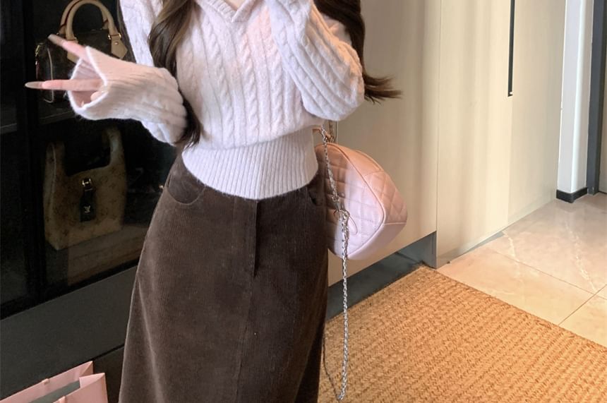 Cable Knit V-Neck Sweater with Corduroy Maxi Skirt