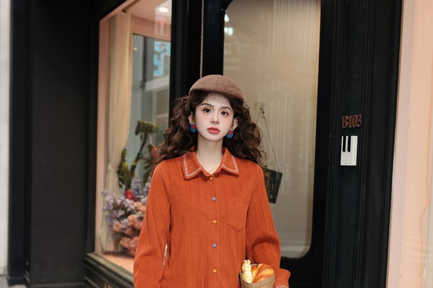 Embroidered Shirt with Collar and Long Sleeves