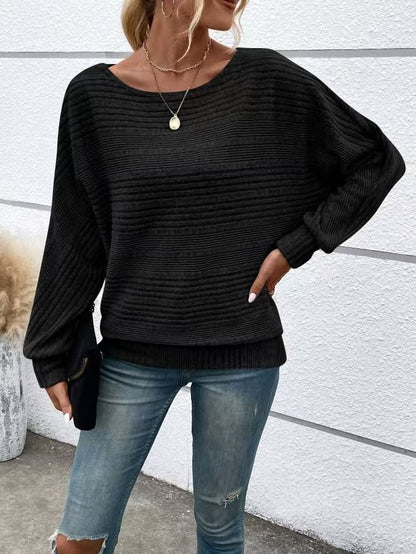 Crew Neck Ribbed Solid Sweatshirt
