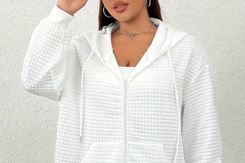 Waffle Texture Zip-Up Long Sleeve Hoodie