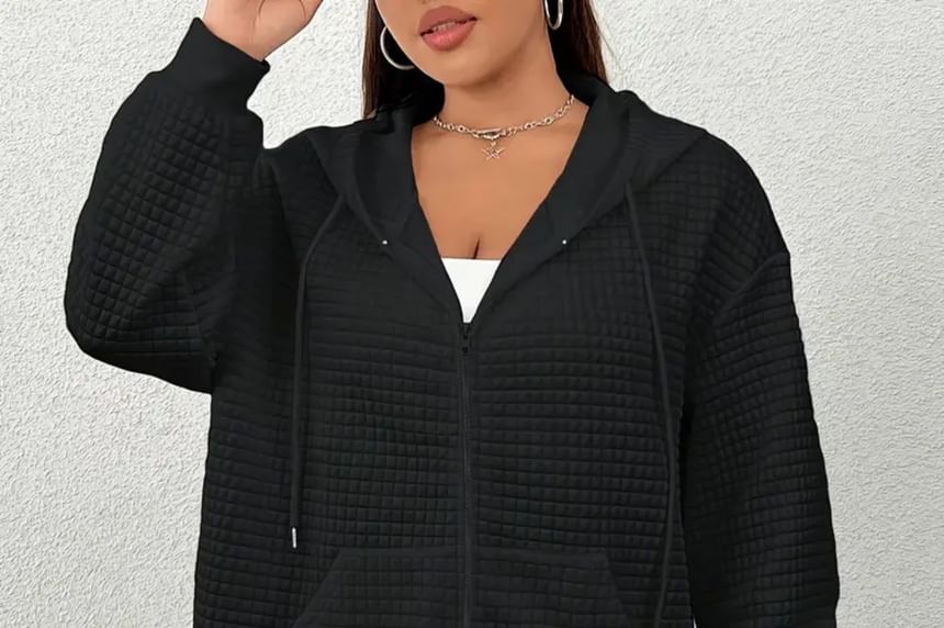 Waffle Texture Zip-Up Long Sleeve Hoodie