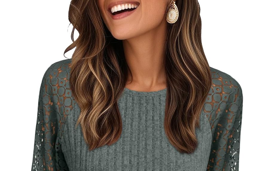 Ribbed Lace Panel Round Neck Long Sleeve Tee