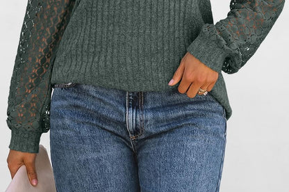 Ribbed Lace Panel Round Neck Long Sleeve Tee