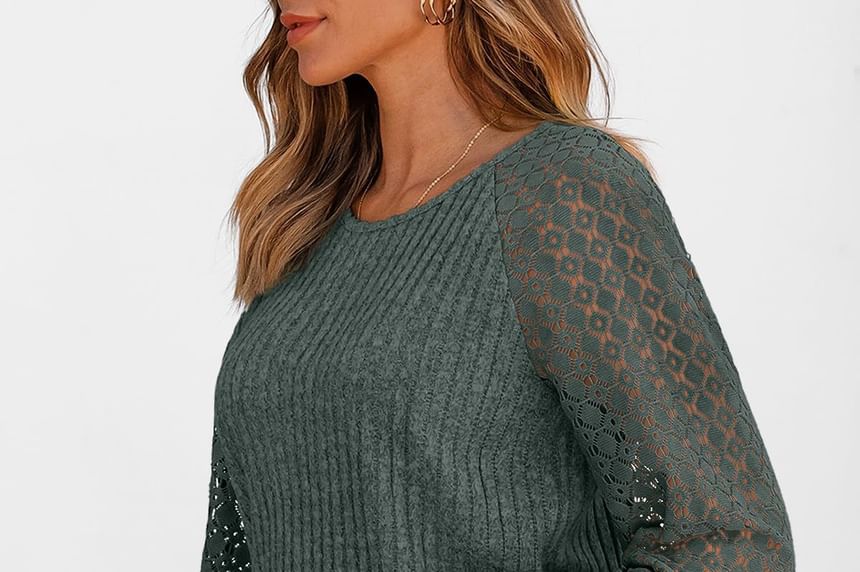 Ribbed Lace Panel Round Neck Long Sleeve Tee