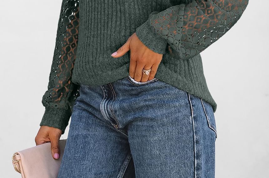 Ribbed Lace Panel Round Neck Long Sleeve Tee