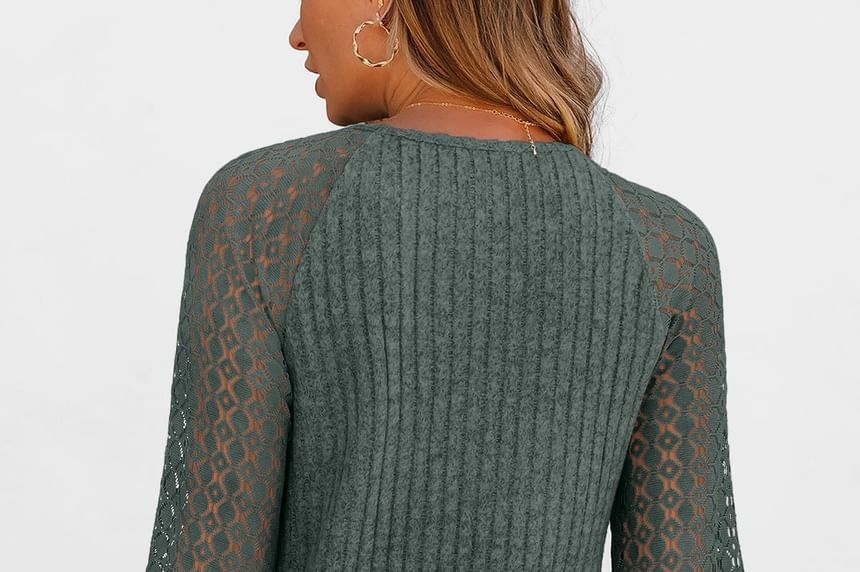 Ribbed Lace Panel Round Neck Long Sleeve Tee
