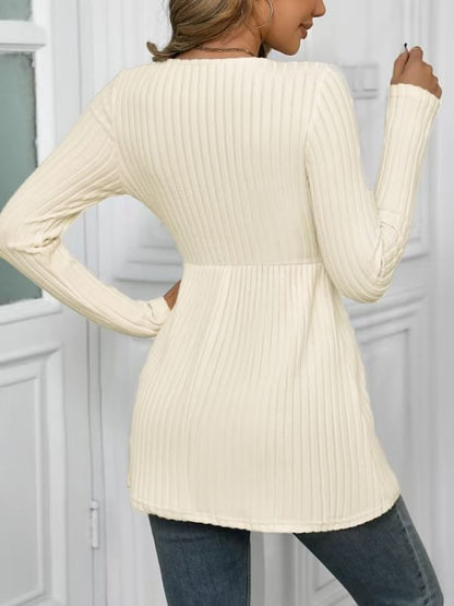 Buttoned Scoop Neck Ribbed Long Sleeve Top